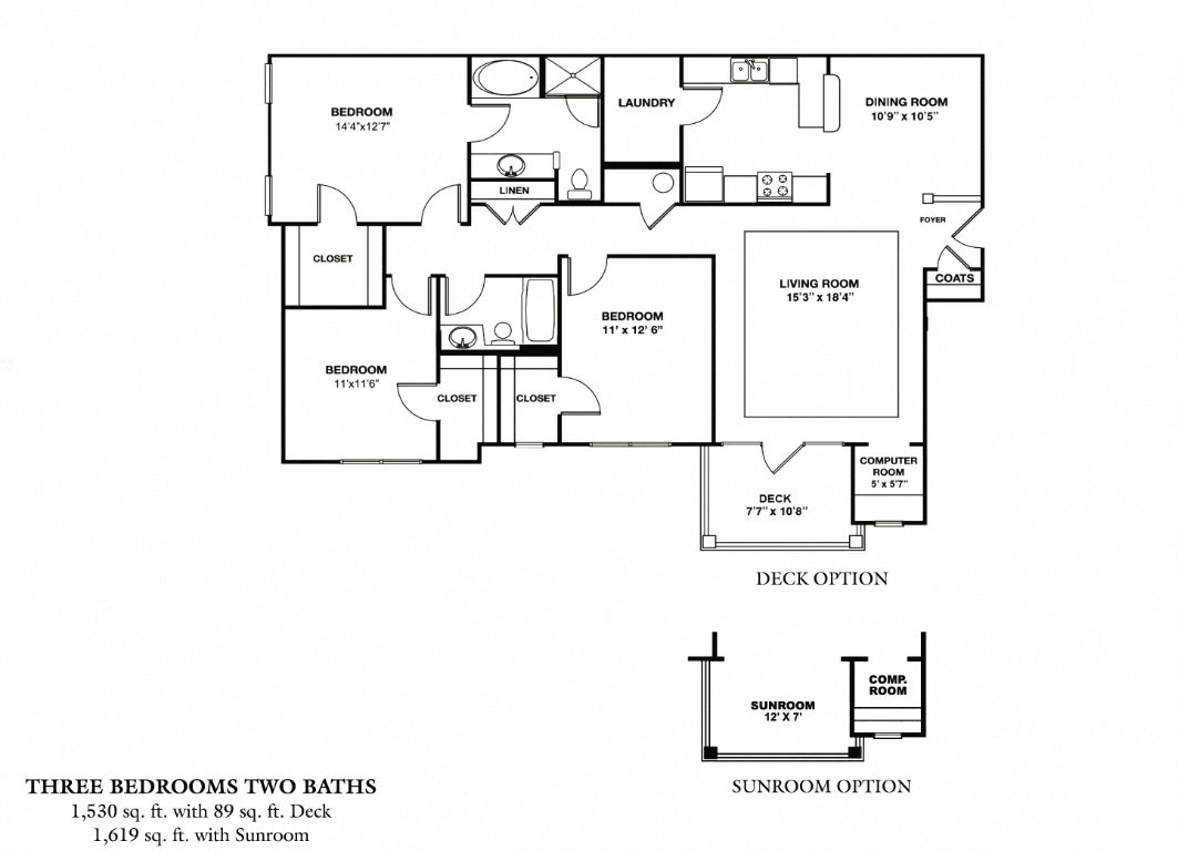 Floor plan for 3 beds, 2 baths, 1619 sqft